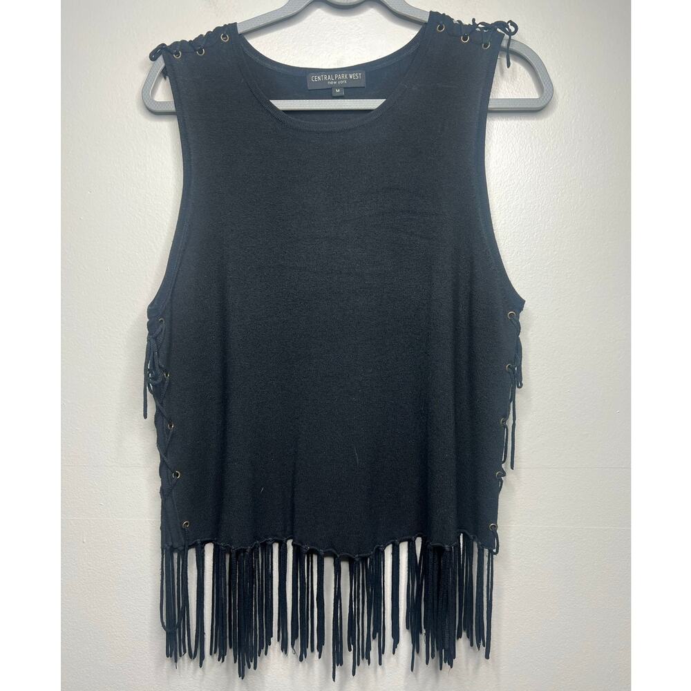 Central Park West NY Black Knit Fringe Tank Side Lace-Up Tassel Hem Sz M Western